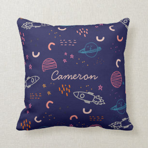 Space and Planets Doodle in Blue Personalised Cushion