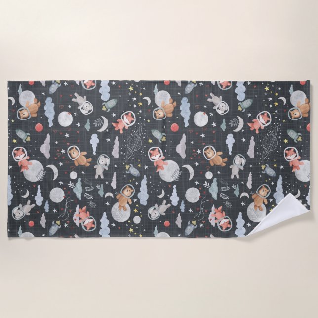Space animals - dark steel blue texture beach towel (Front)