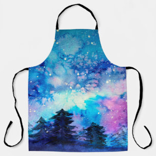 Space art at watercolor with night sky and trees apron