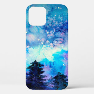 Space art at watercolor with night sky and trees iPhone 12 case