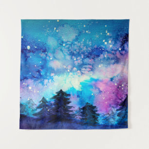 Space art at watercolor with night sky and trees tapestry