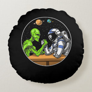 Space Astronaut Alien Arm Wrestling Funny Cosmic Round Cushion
