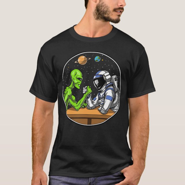 Space Astronaut Alien Arm Wrestling Funny Cosmic T-Shirt (Front)
