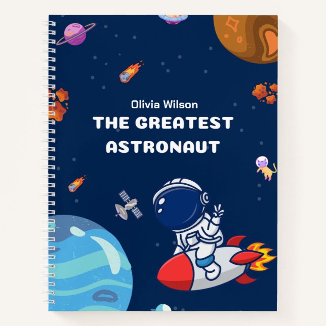 Space Astronaut and Planets in Blue Personalised  Notebook (Front)