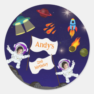 Space Astronaut Birthday Cartoon Classic Round Sticker