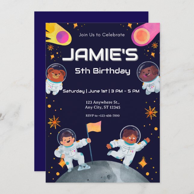 space astronaut birthday invitation (Front/Back)