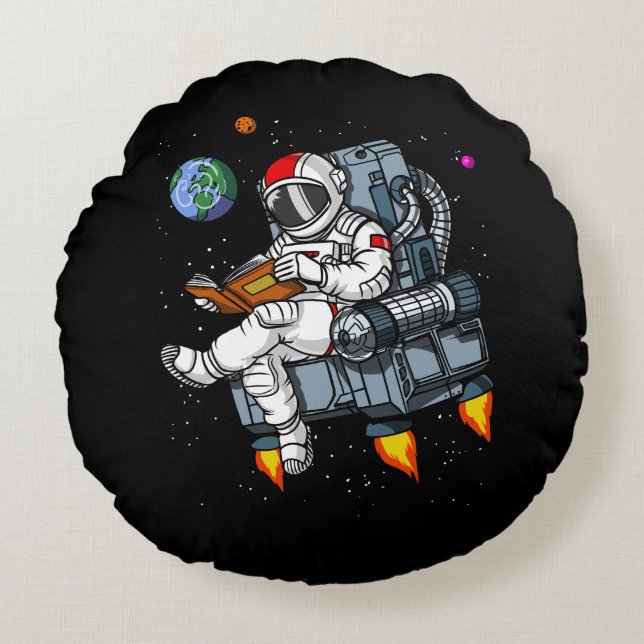 Space Astronaut Book Reading Nerd Cosmic Round Cushion (Front)