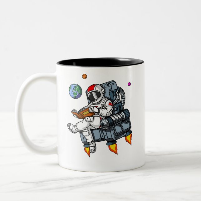 Space Astronaut Book Reading Nerd Cosmic Two-Tone Coffee Mug (Left)
