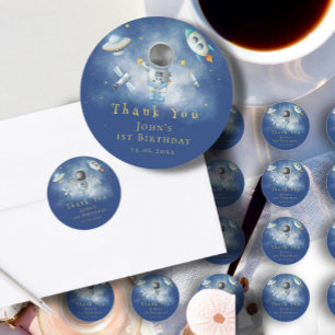 Space Astronaut Boy rockets ufo stars 1st Birthday Classic Round Sticker