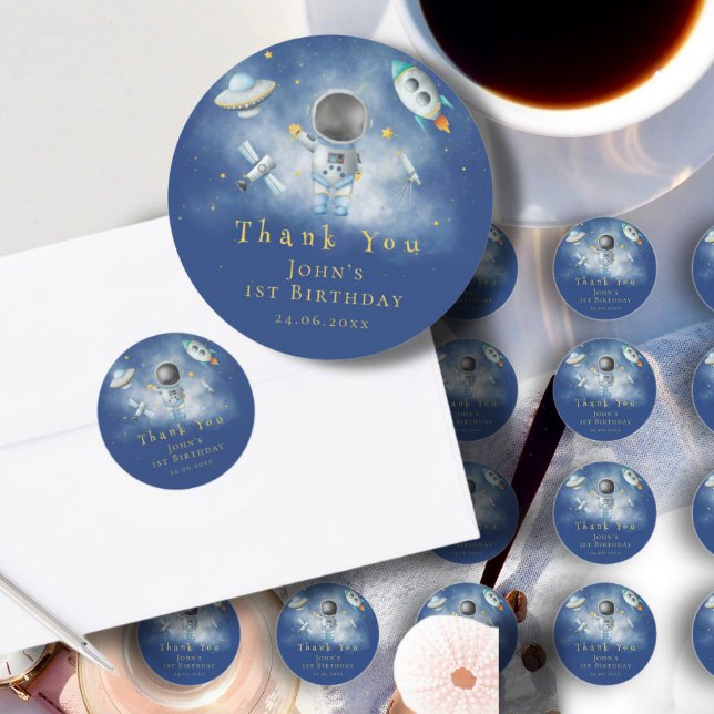 Space Astronaut Boy rockets ufo stars 1st Birthday Classic Round Sticker (Creator Uploaded)