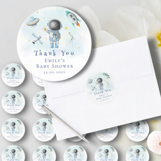 Space Astronaut Boy rockets ufo stars Baby Shower Classic Round Sticker (Creator Uploaded)