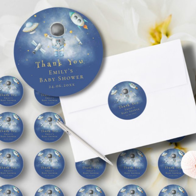 Space Astronaut Boy rockets ufo stars Baby Shower  Classic Round Sticker (Creator Uploaded)
