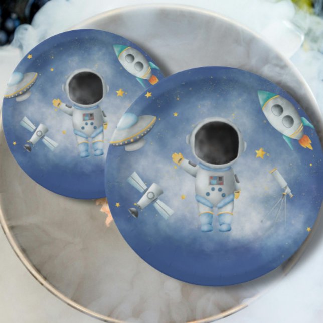 Space Astronaut Boy rockets ufo stars Baby Shower  Paper Plate (Creator Uploaded)