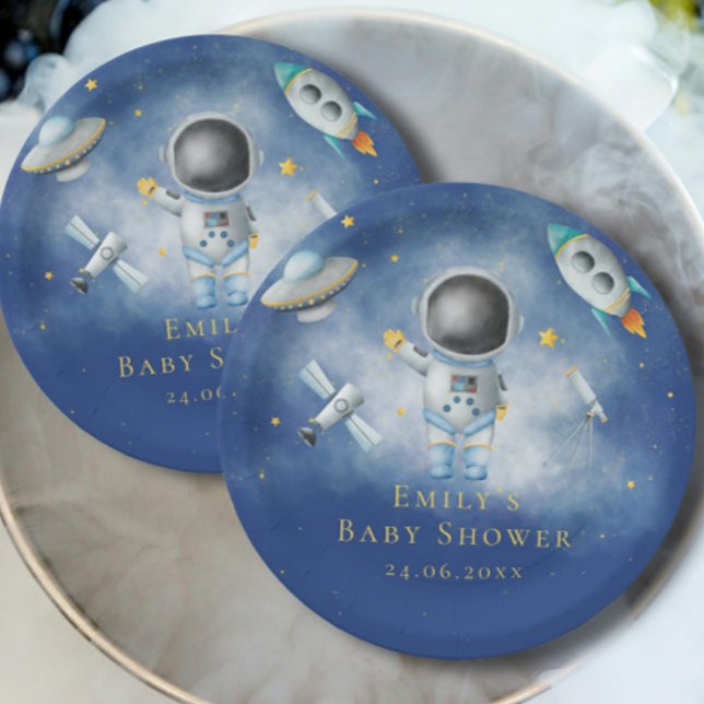 Space Astronaut Boy rockets ufo stars Baby Shower Paper Plate (Creator Uploaded)