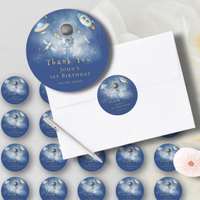 Space Astronaut Boy rockets ufo stars Birthday Cla Classic Round Sticker (Creator Uploaded)