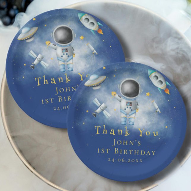 Space Astronaut Boy rockets ufo stars Birthday Pap Paper Plate (Creator Uploaded)