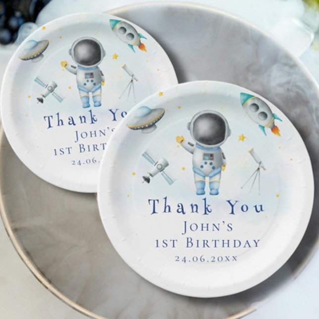 Space Astronaut Boy rockets ufo stars Birthday Paper Plate (Creator Uploaded)