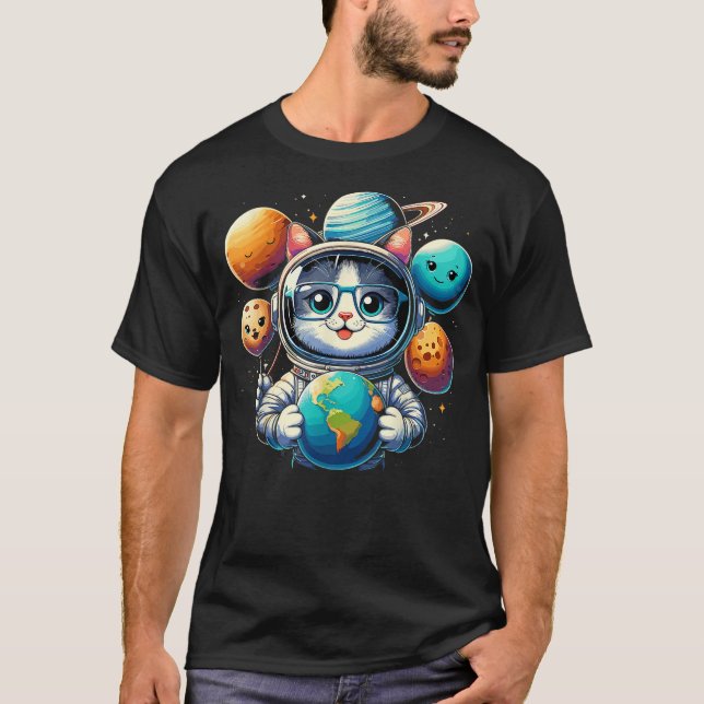 Space Astronaut Cat Planet Balloons Solar System K T-Shirt (Front)