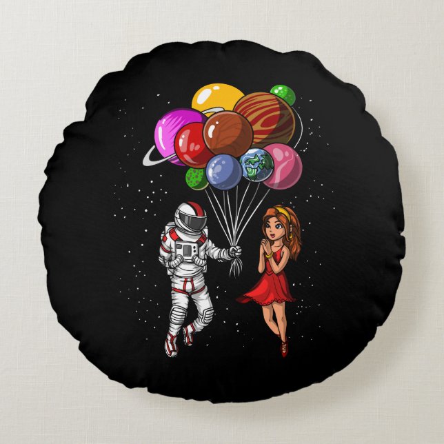 Space Astronaut Couple Cosmic Planets Balloons Round Cushion (Front)