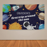Space Astronaut First Birthday Party Banner<br><div class="desc">Celebrate your little astronaut's first orbit around the sun with our visually stunning outer space first birthday banner. A galactic vista of stars serves as the backdrop, while the planets of the solar system, a spirited rocket ship, and an astronaut add life to the design. The banner is personalized with...</div>