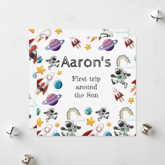 Space Astronaut First Birthday Party Invitation (Front/Back In Situ)