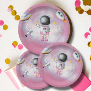 Space Astronaut Girl pink rocket stars Baby Shower Paper Plate