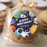 Space Astronaut Happy Birthday Classic Round Sticker<br><div class="desc">Outer space birthday stickers featuring a starry sky background,  planets of the solar system scattered around the edge,  a rocket ship,  astronaut,  the saying "happy birthday",  and the childs name.</div>