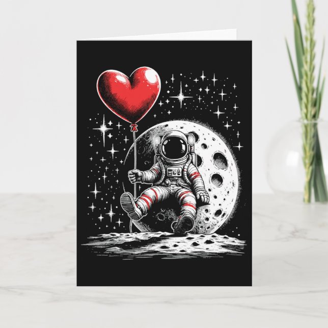 Space Astronaut Heart Bylloon Valentine's Day Vale Card (Front)