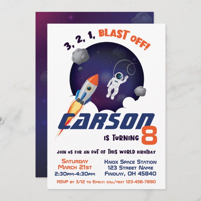 Space Astronaut Out of This World Birthday Invitation (Front/Back)