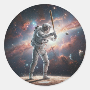 Space Astronaut Playing Baseball Classic Round Sticker