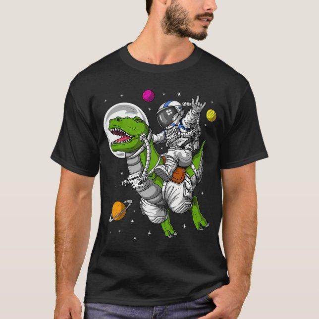 Space Astronaut Riding T-Rex Dinosaur T-Shirt (Front)