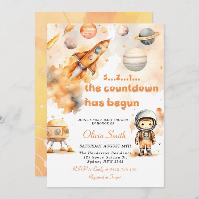 Space Astronaut Rocket Planets Boy Baby Shower Invitation (Front/Back)