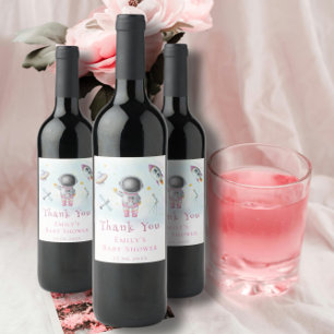 Space baby girl Astronaut rocket stars Baby Shower Wine Label
