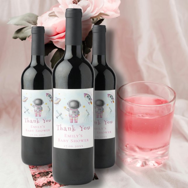 Space baby girl Astronaut rocket stars Baby Shower Wine Label (Creator Uploaded)