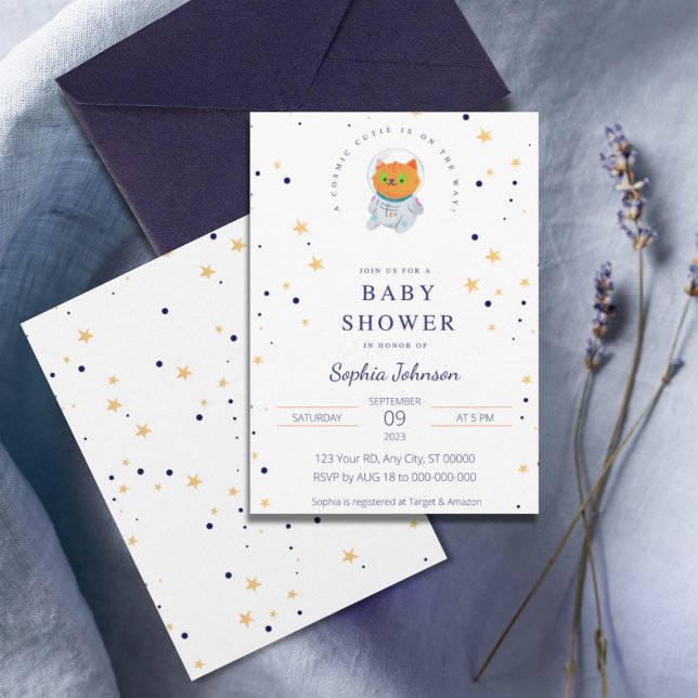 Space Baby Shower, Cute Cat, Cosmic Cutie Invitation (Creator Uploaded)