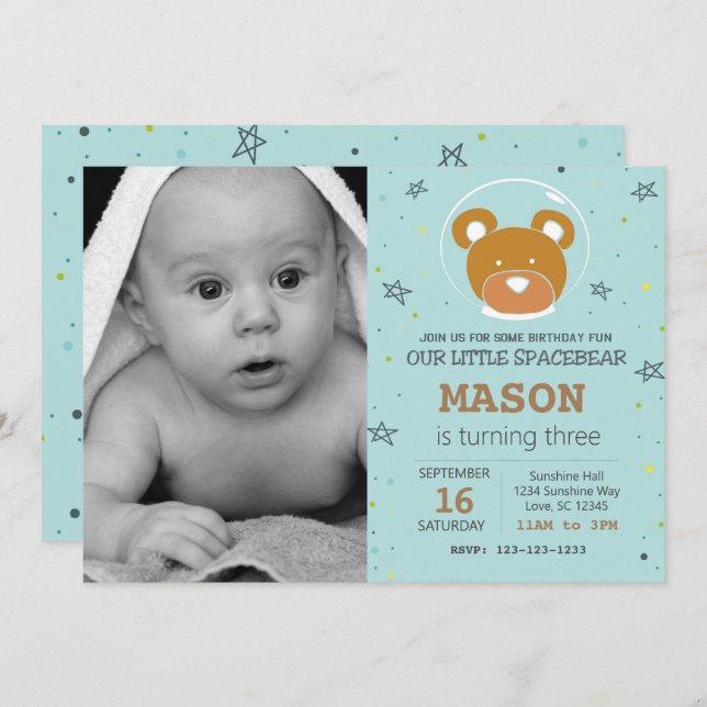 Space Bear Gender Neutral Birthday Invitation (Front/Back)