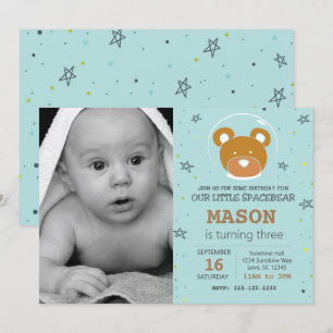 Space Bear Gender Neutral Birthday Invitation