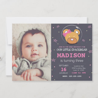 Space Bear Pink Birthday Invitation with photo