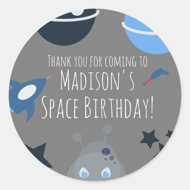 Space Birthday  Alien Themed Blue Grey   Classic Round Sticker (Front)