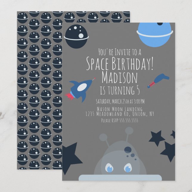 Space Birthday  Alien Themed Blue Grey  Invitation (Front/Back)