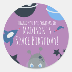 Space Birthday  Alien Themed Blue Purple Classic Round Sticker