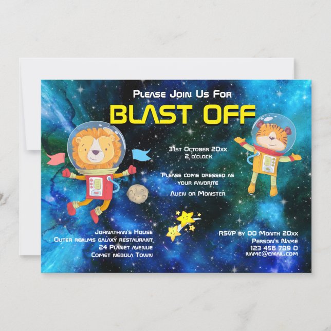 Space birthday animal astronauts any age invitation (Front)