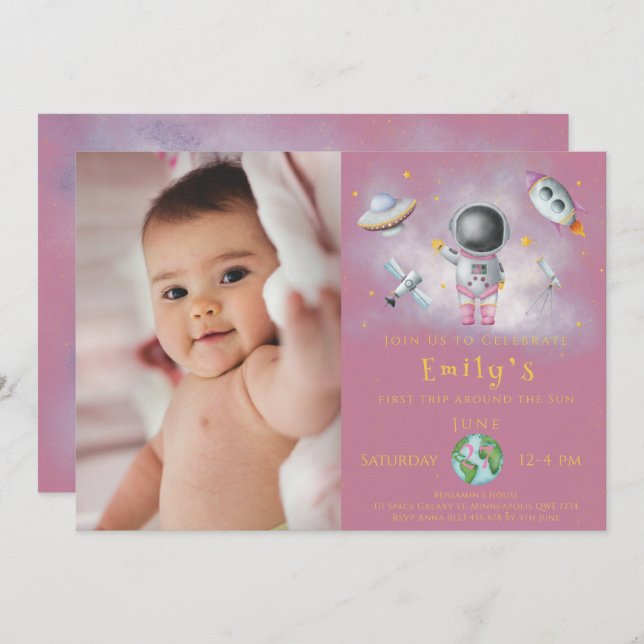 Space Birthday girl Astronaut rocket stars Party I Invitation (Front/Back)
