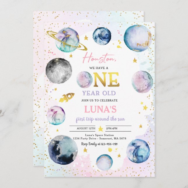 Space Birthday Girl Pink First Trip Around The Sun Invitation (Front/Back)