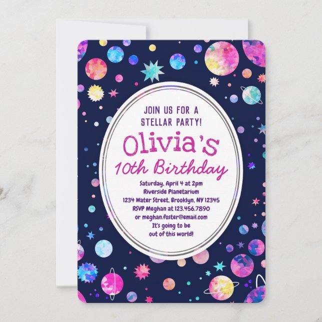 Space Birthday Invitation for Girl Stars Planets (Front)