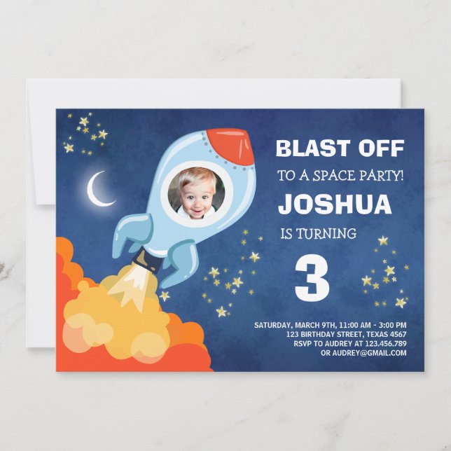 Space birthday invitation Rocket Ship Astronaut (Front)