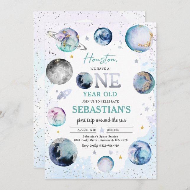 Space Birthday Party First Trip Around The Sun Boy Invitation (Front/Back)
