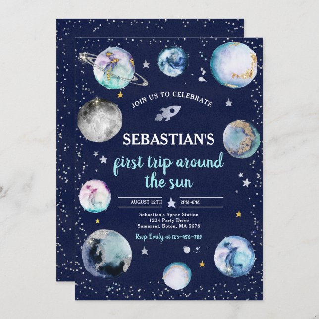 Space Birthday Party First Trip Around The Sun Invitation (Front/Back)
