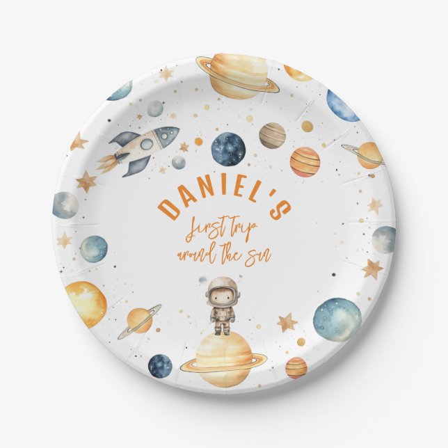 Space Birthday Party First Trip Around The Sun Paper Plate (Front)