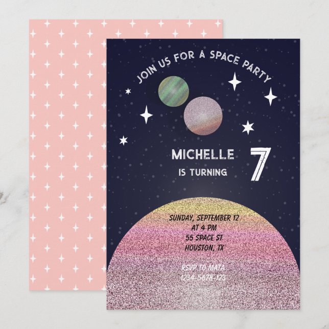 Space Birthday party In Pink Invitation (Front/Back)